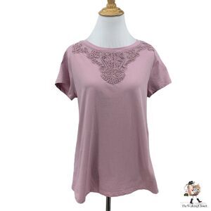 Soft Surroundings Top Women XS Extra Small Mauve Embroidered Round Neck Applique